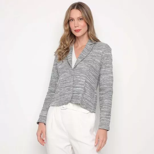 Blazer Listrado Em Moletom- Cinza & Off White