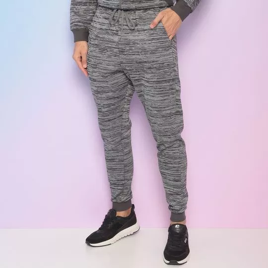 Calça Jogger Listrada Em Moletom Flanelado- Cinza & Cinza Escuro