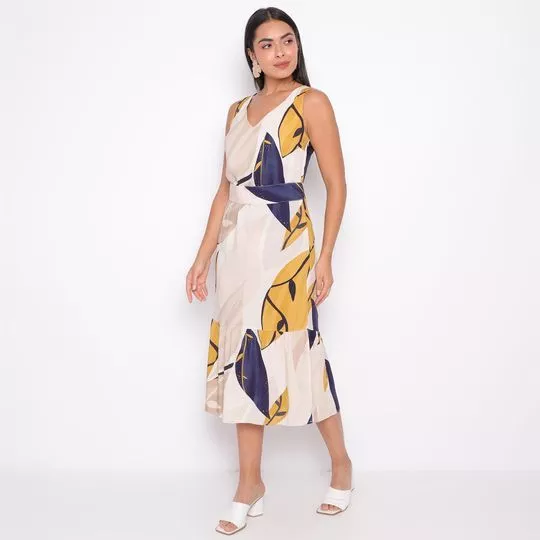 Vestido Midi Folhagens- Bege Claro & Azul Marinho