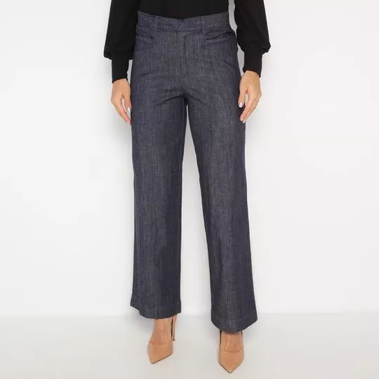 Calça Jeans Wide Leg Com Recortes- Azul Escuro