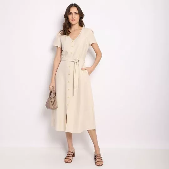 Vestido Midi Com Linho- Bege Claro