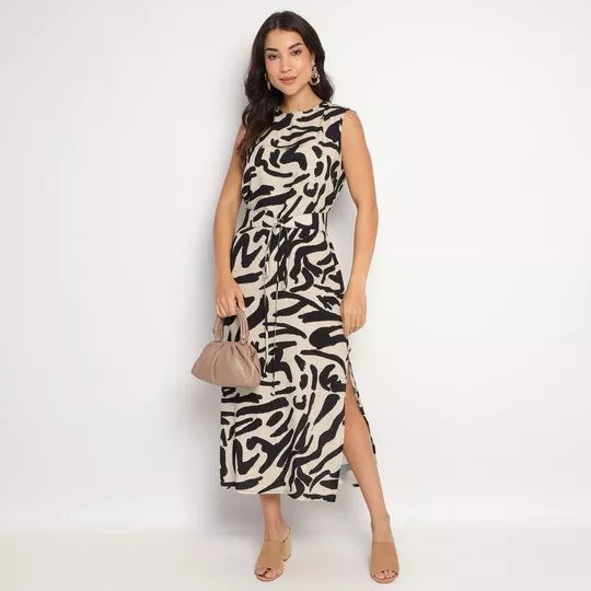 Vestido Midi Abstrato- Bege Claro & Preto