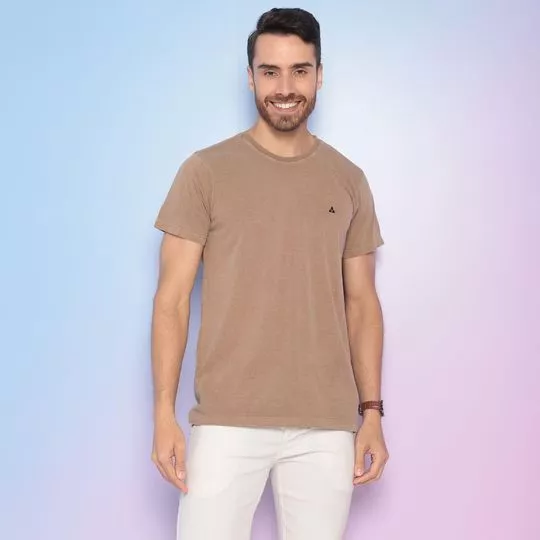 Camiseta Estonada Com Bordado- Bege