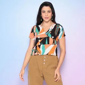 Blusa Abstrata Com Transpasse<BR>- Preta & Laranja