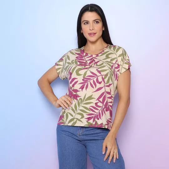 Blusa Folhagens- Bege Claro & Malva