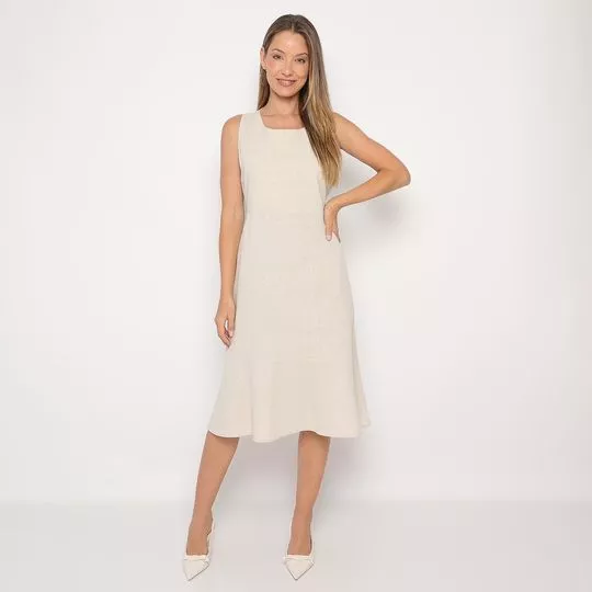 Vestido Midi Em Linho- Bege Claro