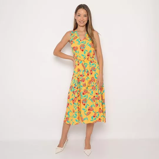 Vestido Midi Com Amarração- Amarelo Escuro & Laranja