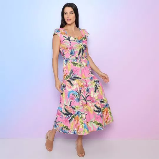 Vestido Midi Folhagens- Rosa & Azul Marinho