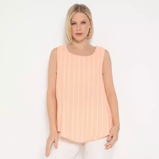 Blusa Alongada Listrada- Laranja Claro & Off White- Mirasul