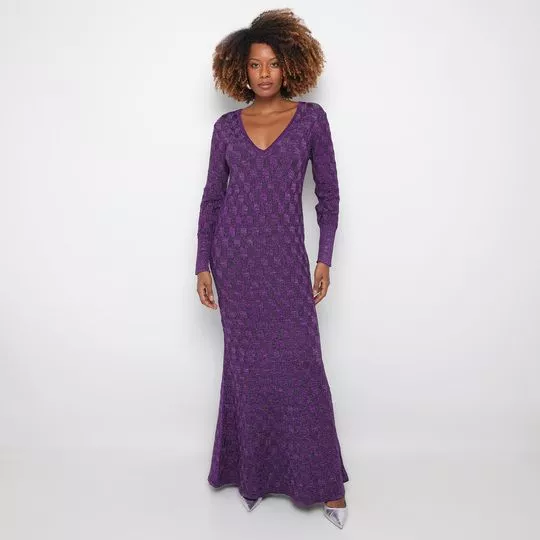 Vestido Longo Em Jacquard- Roxo Escuro