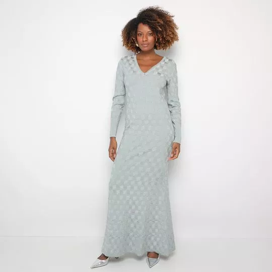 Vestido Longo Em Tricô Jacquard- Verde Claro & Prateado