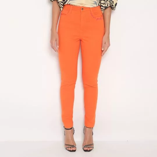 Calça Skinny Com Bordado- Laranja