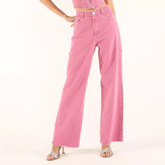 Calça Wide Leg Em Sarja- Rosa