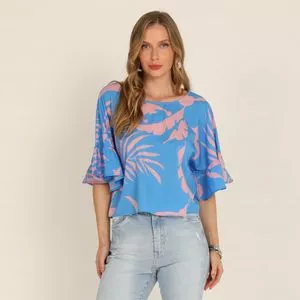 Blusa Folhagens<BR>- Azul & Rosa