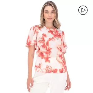 Blusa Floral<BR>- Off White & Laranja