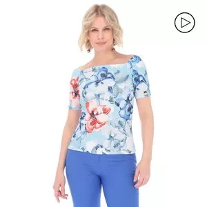 Blusa Ombro A Ombro Floral<BR>- Laranja & Azul Claro