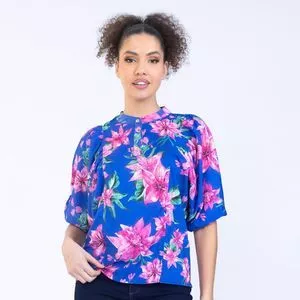 Blusa Floral<BR>- Azul & Rosa Escuro