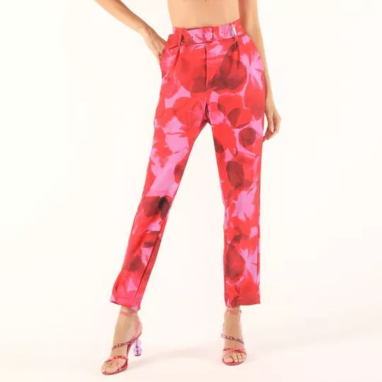 Calça Reta Floral- Vermelha & Rosa