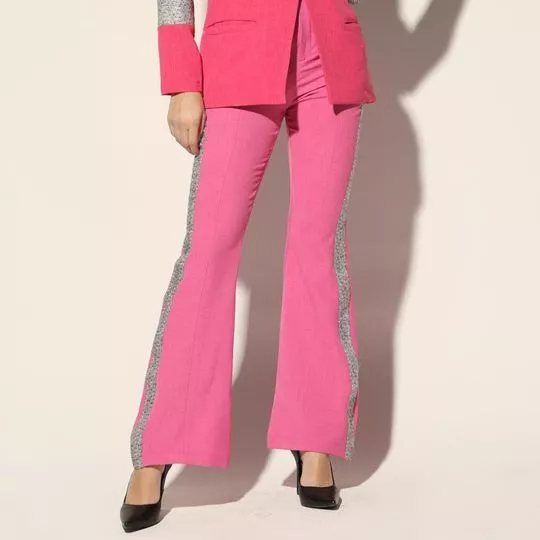 Calça Flare Com Recortes- Rosa & Cinza