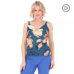 Blusa Floral<BR>- Azul Escuro & Laranja Claro