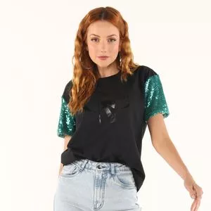 Blusa Com Paetês<BR>- Preta & Verde