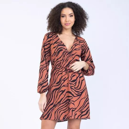 Vestido Curto Animal Print- Laranja Escuro & Preto