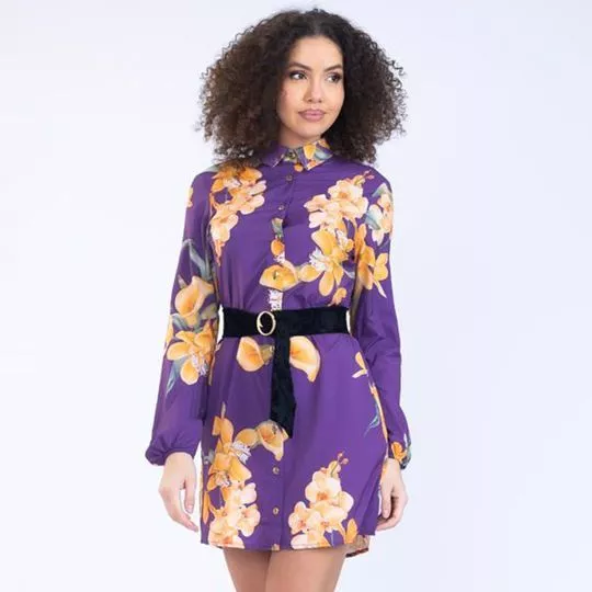 Vestido Curto Floral- Roxo & Laranja