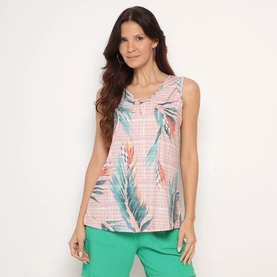 Blusa Alongada Folhagens- Bege Claro & Verde- Mirasul