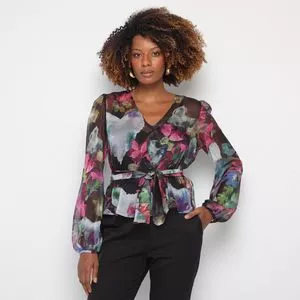 Blusa Floral<BR>- Preta & Rosa