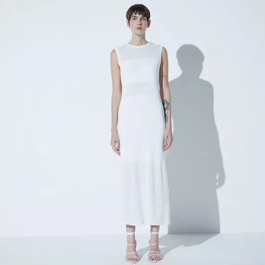 Vestido Longo Em Tricô Com Franjas- Off White