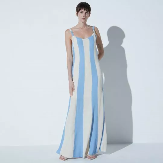 Vestido Longo Listrado- Off White & Azul Claro