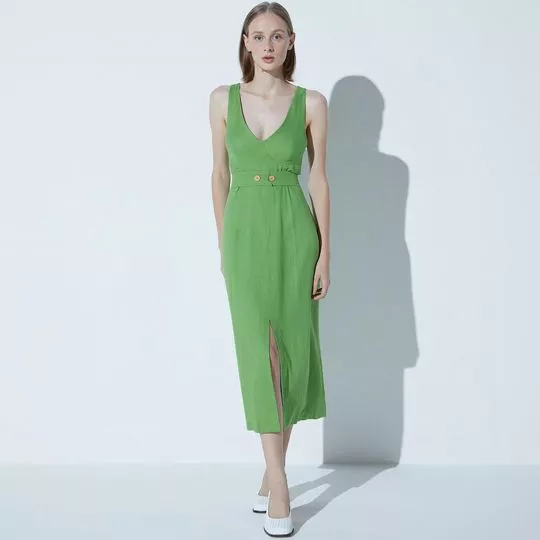 Vestido Midi Com Linho- Verde