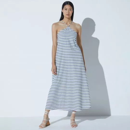 Vestido Longo Listrado- Off White & Azul