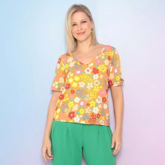 Blusa Floral Com Recortes- Laranja Claro & Amarela