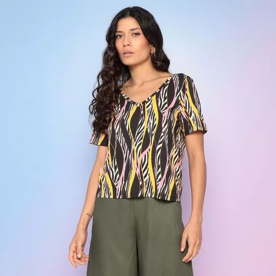 Blusa Abstrata- Preta & Rosa