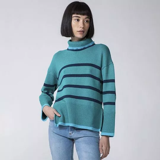 Suéter Listrado Em Tricô- Verde Água & Azul Marinho- Schutz