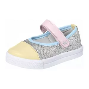 Sapato Boneca Com Brilho<BR>- Prateado & Amarelo Claro