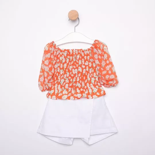 Conjunto De Blusa Floral & Short Saia- Branco & Laranja- Luluzinha