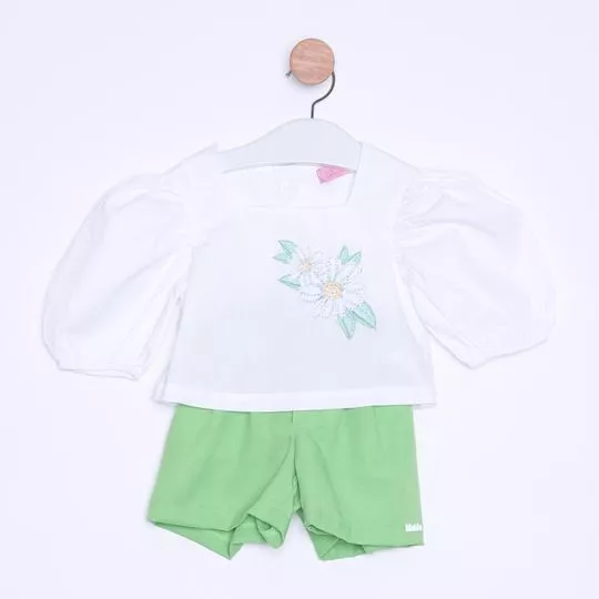 Conjunto De Blusa Flores & Short Liso- Branco & Verde Claro- Luluzinha