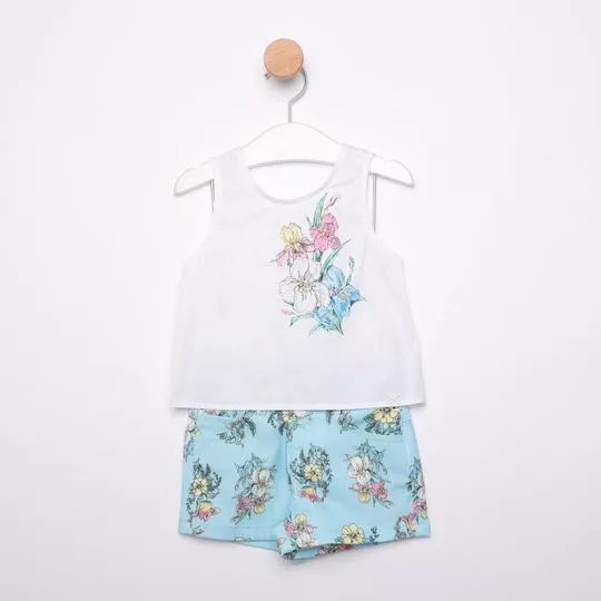 Conjunto De Regata & Short Jeans Floral- Branco & Azul- Luluzinha