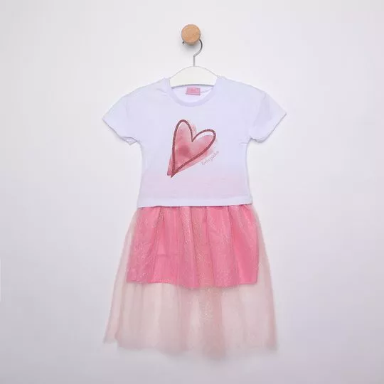 Conjunto De Camiseta Coração & Saia Em Tule- Branco & Rosa- Luluzinha