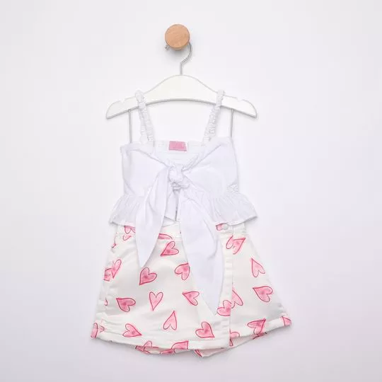 Conjunto De Cropped & Short Saia Corações- Branco & Rosa- Luluzinha