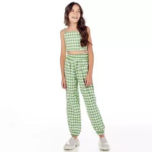 Conjunto De Blusa Cropped & Calça Jogger Xadrez<BR>- Verde Claro & Branco<BR>- Mylu