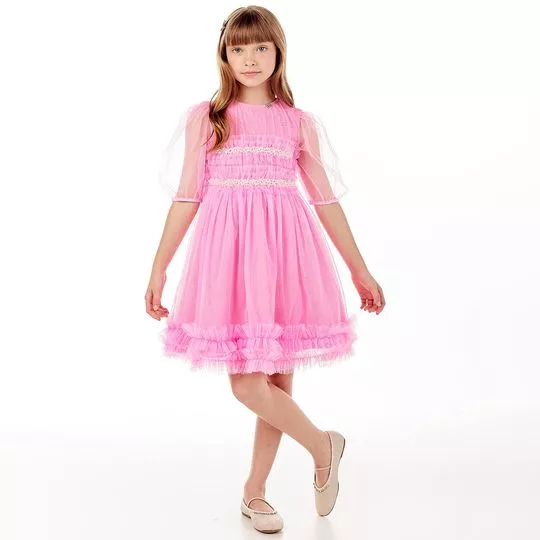 Vestido Em Tule- Rosa- Luluzinha