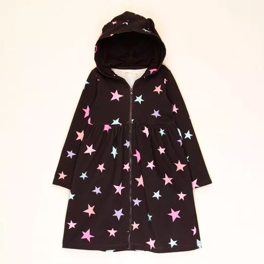 Vestido Estrelas Com Capuz- Preto & Rosa- Que Te Encante