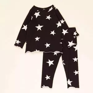 Conjunto De Blusão & Calça Reta Estrelas<BR>- Preto & Branco<BR>- Que Te Encante