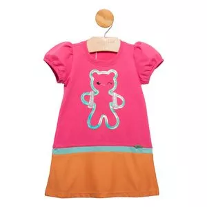 Vestido Ursinho De Mochila<BR>- Pink & Laranja<BR>- Gabriela Aquarela