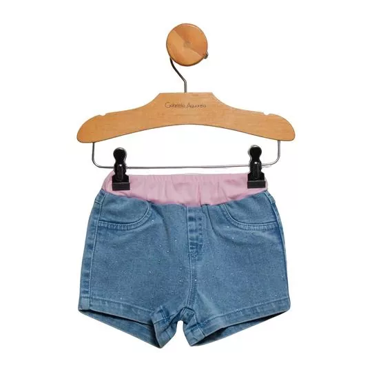 Short Jeans Com Pedrarias- Azul & Rosa- Gabriela Aquarela