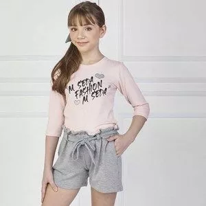 Conjunto De Blusa Com Inscrições & Short<BR>- Rosa Claro & Cinza