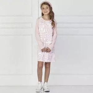 Vestido Com Inscrições<BR>- Branco & Rosa Claro